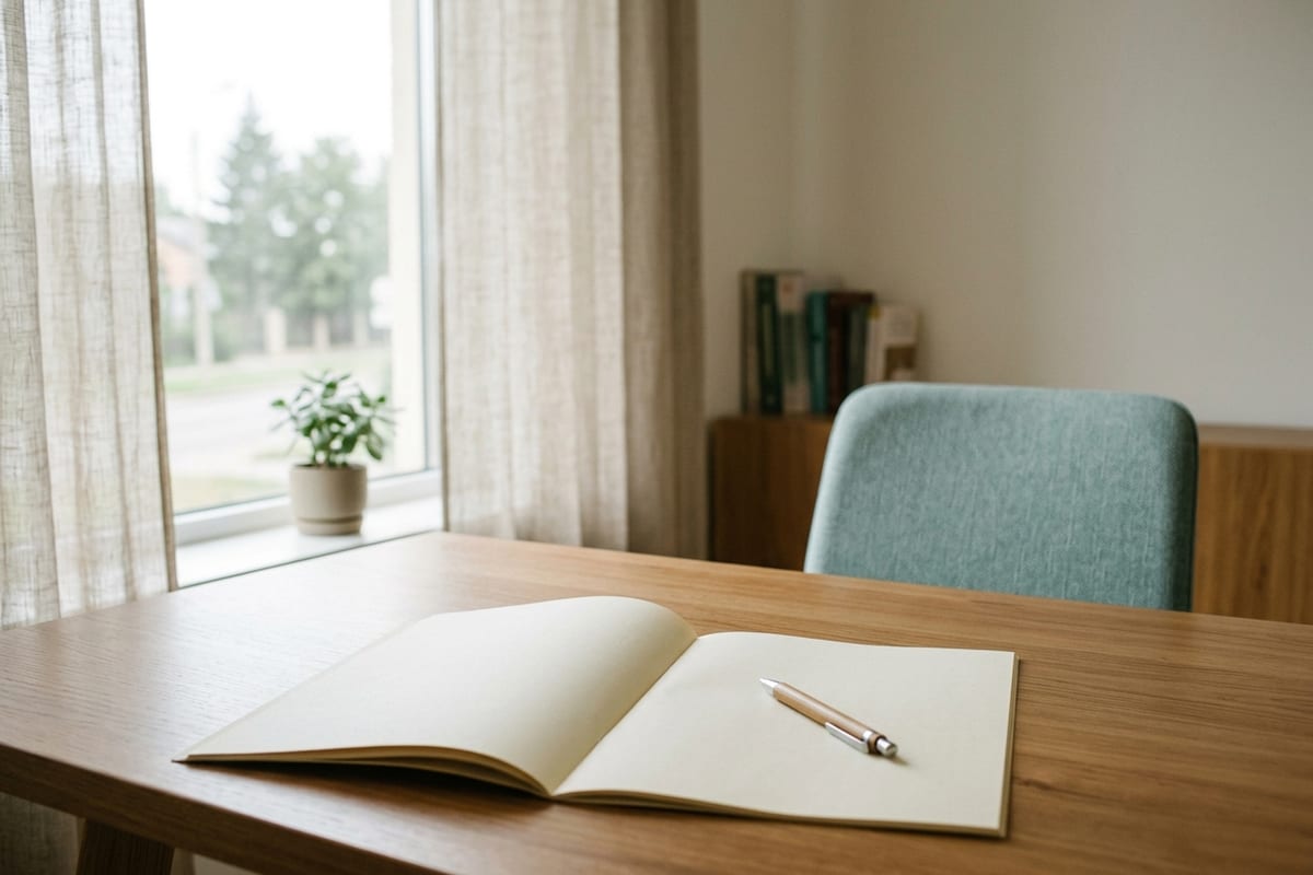 Кабинет врача: стол с раскрытой пустой картой и ручкой, кресло для посетителя, окно с дневным светом
